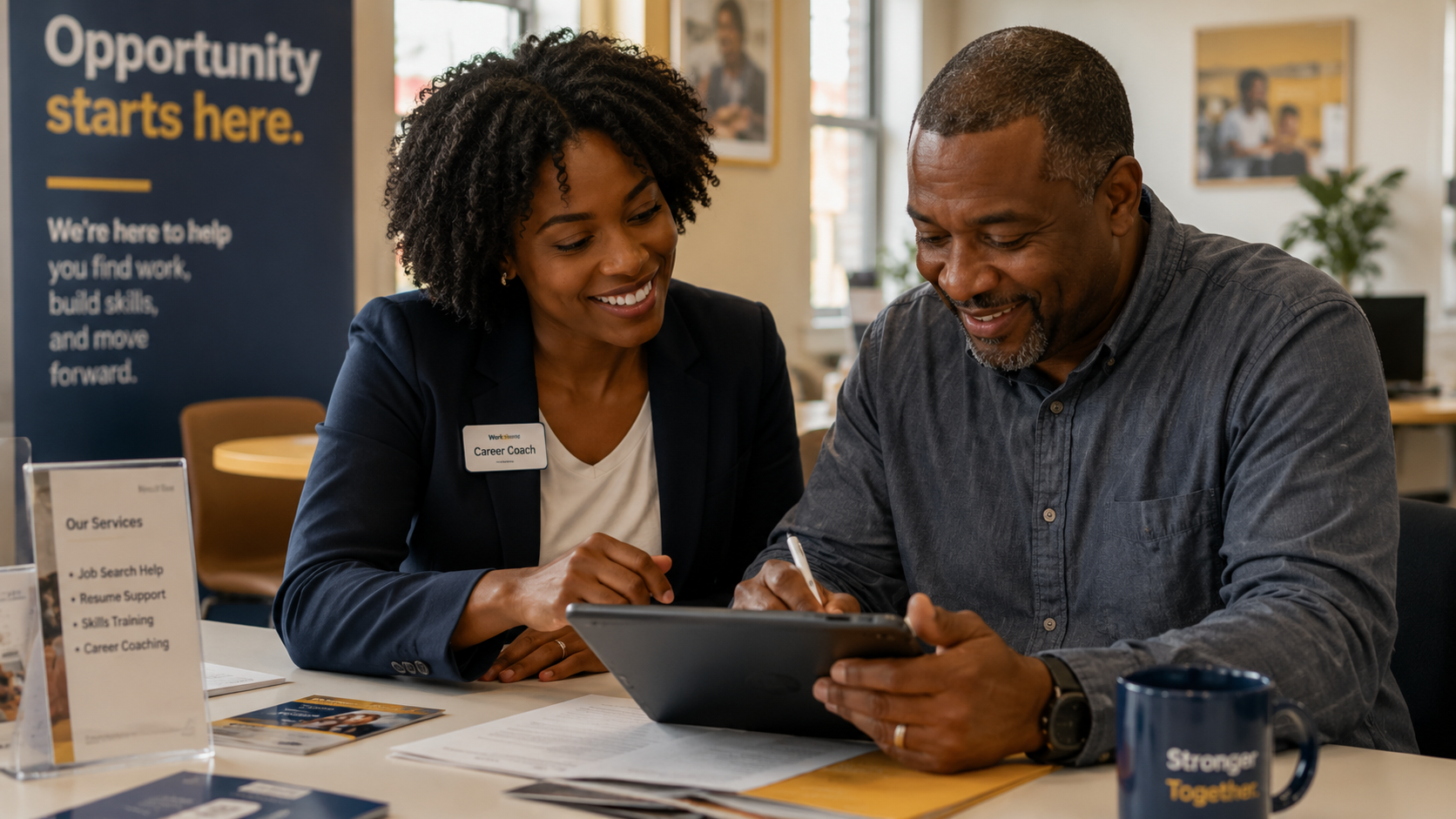Career coach helping a job seeker at a workforce program